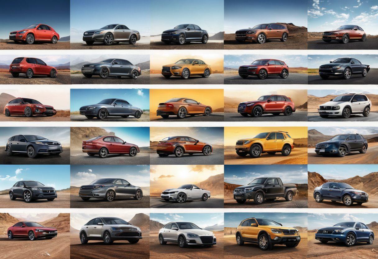A visually striking collage featuring a diverse range of tires showcased in various driving environments, including off-road, urban, and highway scenes. Integrate graphs and consumer feedback elements like star ratings and text bubbles highlighting expert analyses. The background should evoke a sense of exploration and freedom, with bright skies and open roads. super-realistic. vibrant colors. 3D.