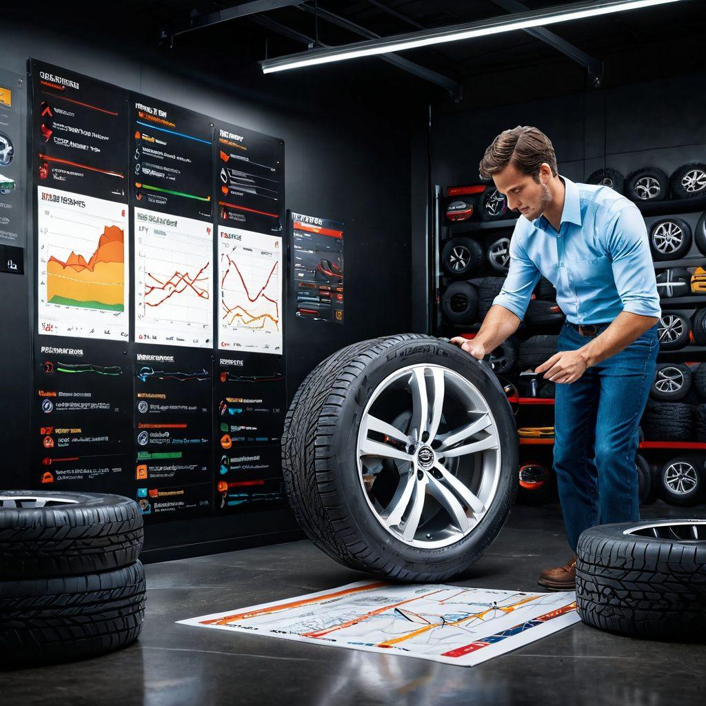 An open, well-lit garage showcasing various tire brands on display, with an expert examining a tire and a user sharing insights nearby, surrounded by charts illustrating tire performance ratings, a close-up detail of tire tread patterns, and a backdrop of road maps hinting at travel adventures. vibrant colors. super-realistic. 3D.