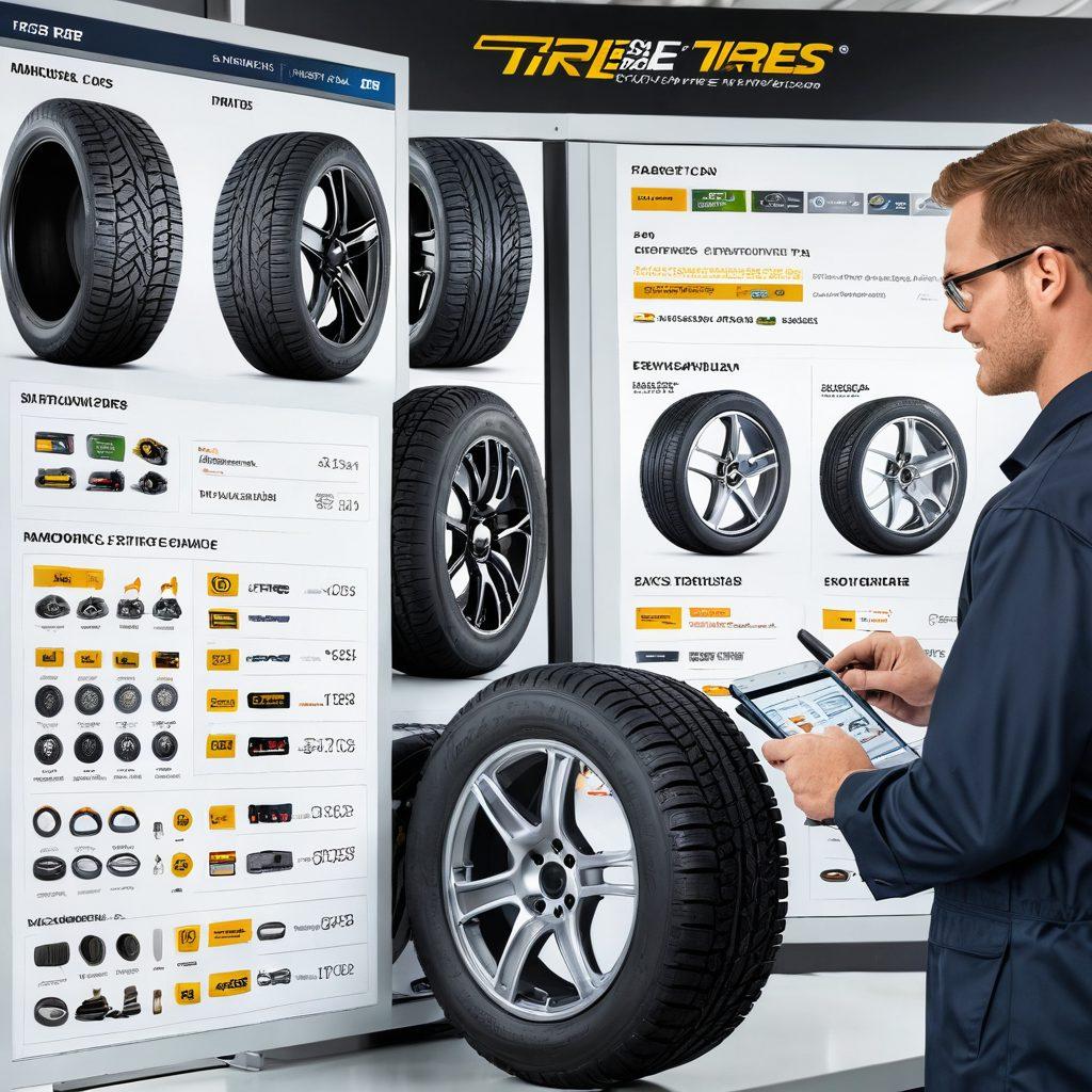 A dynamic tire evaluation scene featuring a diverse group of people examining various tire types, with detailed close-ups of tread patterns and ratings on a digital screen. Include a background of a service garage with tools and tire racks, highlighting the evaluation process. Bright and engaging infographic elements around the tires showing star ratings and customer reviews. super-realistic. vibrant colors. white background.